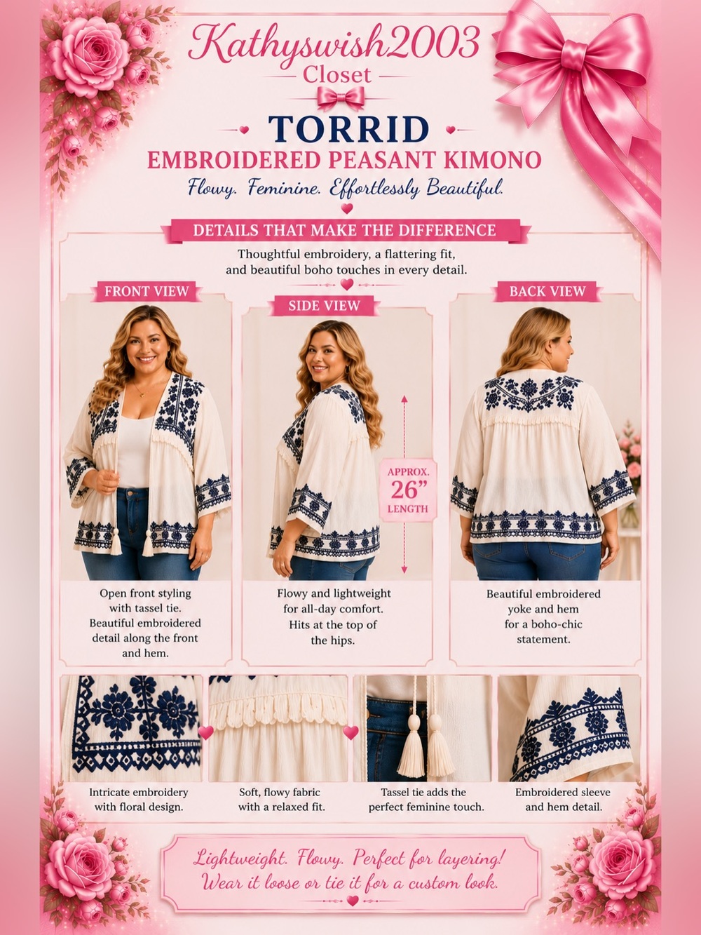 torrid White Peasant Kimono with Navy Embroidery - Picture 3 of 16